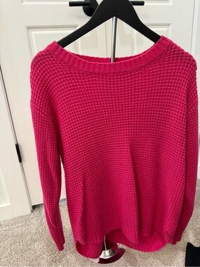 Zenana Outfitters Waffle Knit Crewneck Sweater - Hot Pink